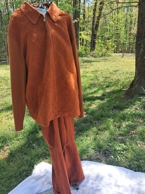 Vintage Men's Two-Piece Burnt Orange MicroSuede Jacket and Pants Set
